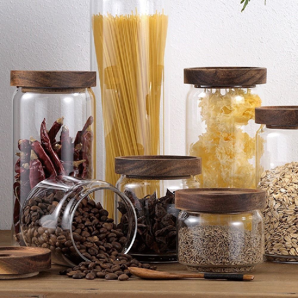 Coffee Tea And Sugar Canister Set - Multi-Use Wooden Lid Glass Food Storage