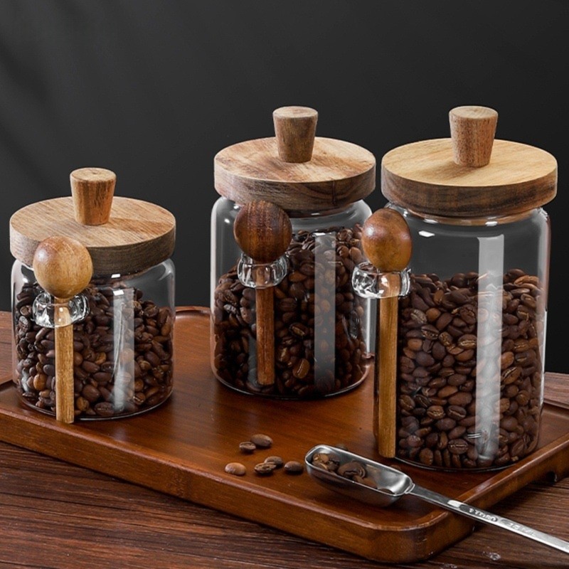 Coffee Tea And Sugar Canister Set - ABJI-Glass Jar With Wooden Lids And